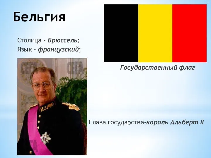 Бельгия Столица – Брюссель; Язык – французский; Государственный флаг Глава государства-король Альберт II