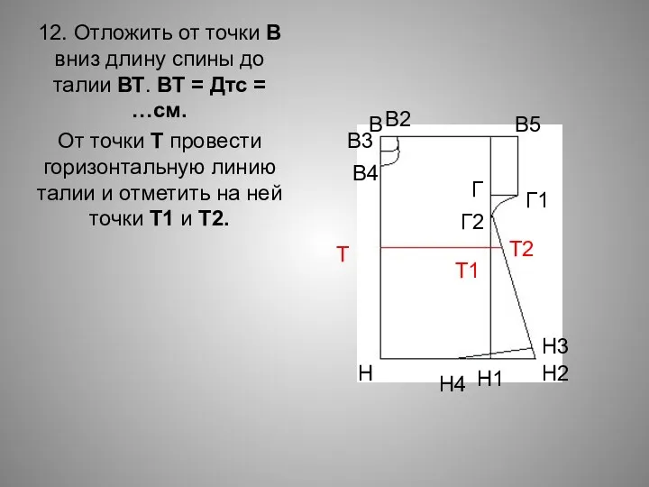 12. Отложить от точки В вниз длину спины до талии