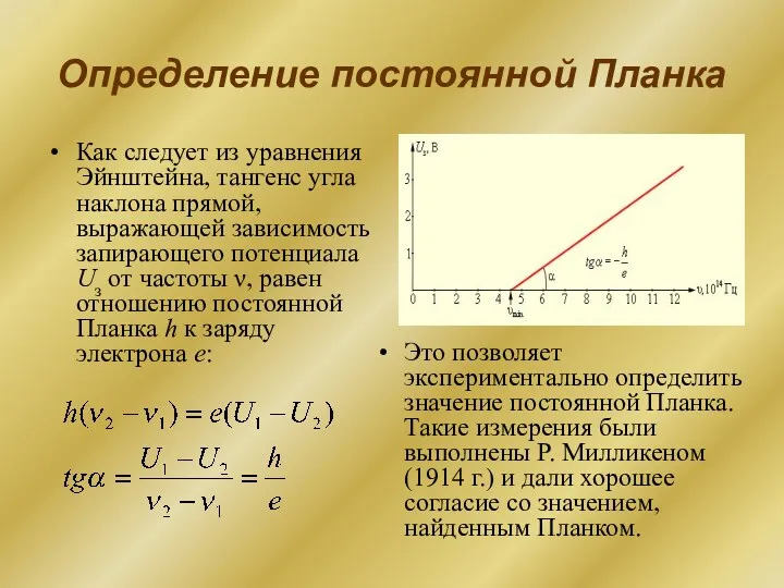 Определение постоянной Планка Как следует из уравнения Эйнштейна, тангенс угла