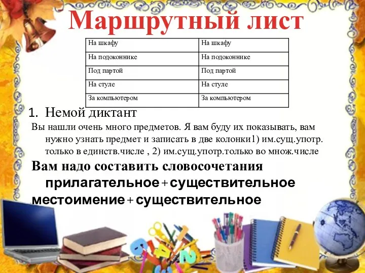 Маршрутный лист Немой диктант Вы нашли очень много предметов. Я