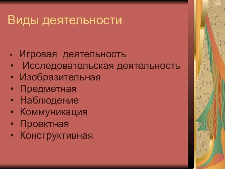 Виды деятельности Игровая деятельность Исследовательская деятельность Изобразительная Предметная Наблюдение Коммуникация Проектная Конструктивная