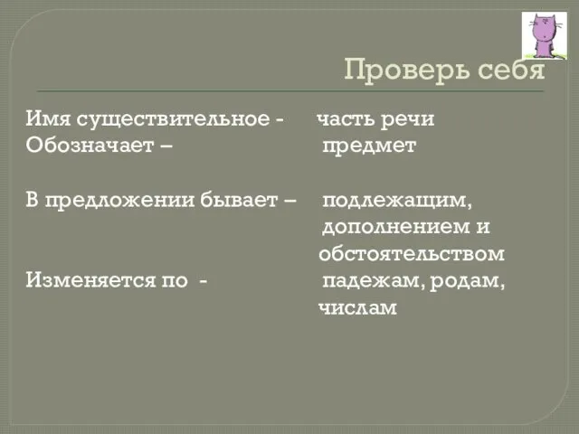 Проверь себя Имя существительное - Обозначает – В предложении бывает