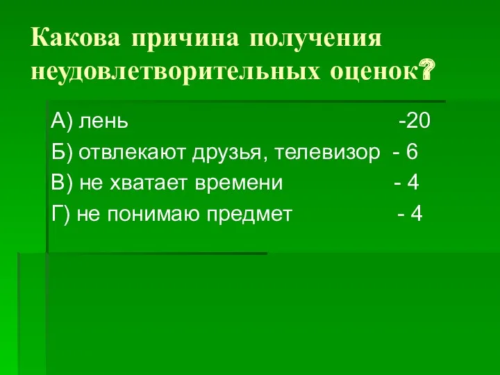 Какова причина получения неудовлетворительных оценок? А) лень -20 Б) отвлекают