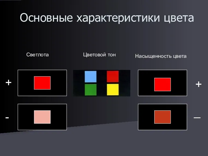Основные характеристики цвета Светлота Цветовой тон Насыщенность цвета _ - + +