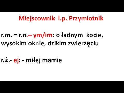 Miejscownik l.p. Przymiotnik r.m. = r.n.– ym/im: o ładnym kocie,