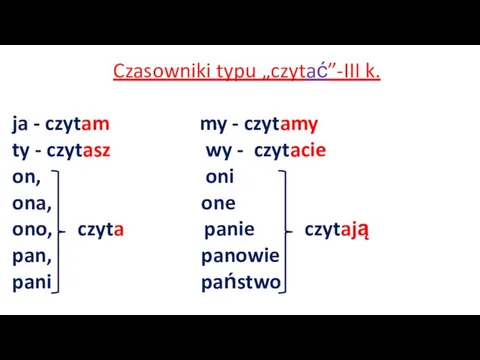 Czasowniki typu „czytać”-III k. ja - czytam my - czytamy