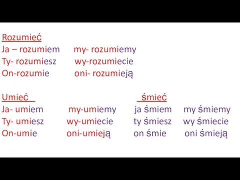 Rozumieć Ja – rozumiem my- rozumiemy Ty- rozumiesz wy-rozumiecie On-rozumie