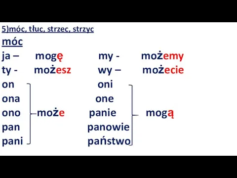 5)móc, tłuc, strzec, strzyc móc ja – mogę my -