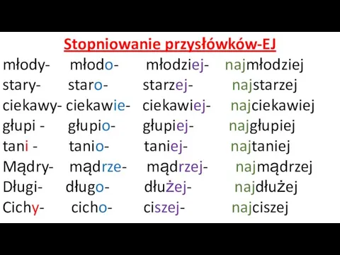 Stopniowanie przysłówków-EJ młody- młodo- młodziej- najmłodziej stary- staro- starzej- najstarzej