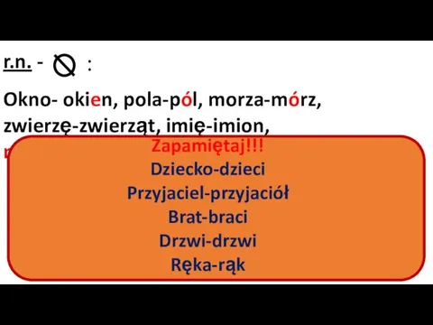 r.n. - : Okno- okien, pola-pól, morza-mórz, zwierzę-zwierząt, imię-imion, muzeum-muzeów Zapamiętaj!!! Dziecko-dzieci Przyjaciel-przyjaciół Brat-braci Drzwi-drzwi Ręka-rąk