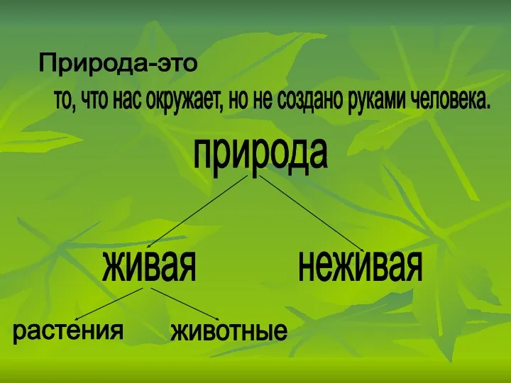 Природа-это то, что нас окружает, но не создано руками человека. природа живая неживая растения животные