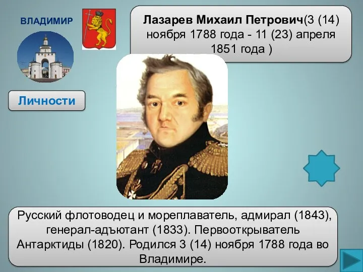 Владимир Личности Лазарев Михаил Петрович(3 (14) ноября 1788 года - 11 (23) апреля