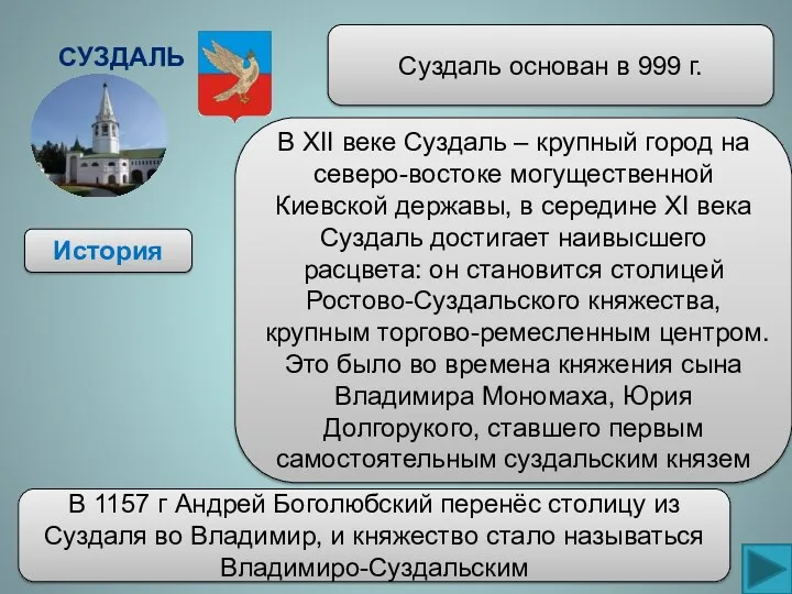 Суздаль История Суздаль основан в 999 г. В XII веке Суздаль – крупный