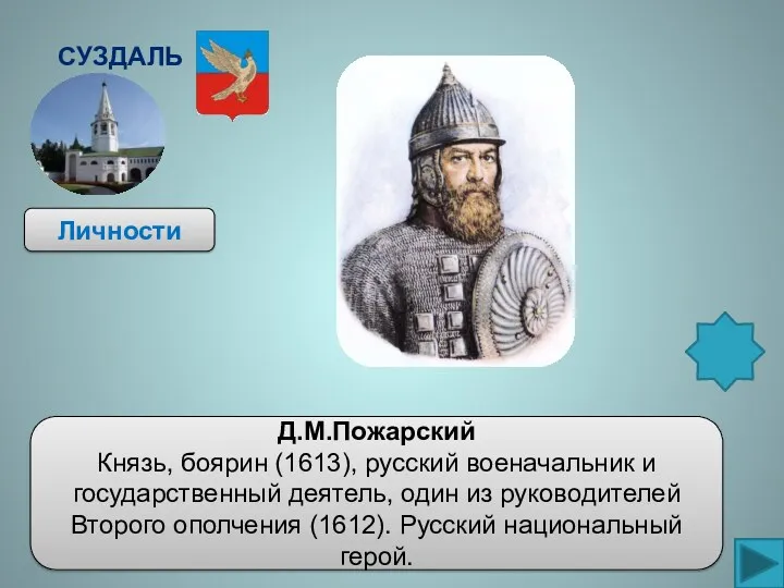 Суздаль Личности Д.М.Пожарский Князь, боярин (1613), русский военачальник и государственный деятель, один из