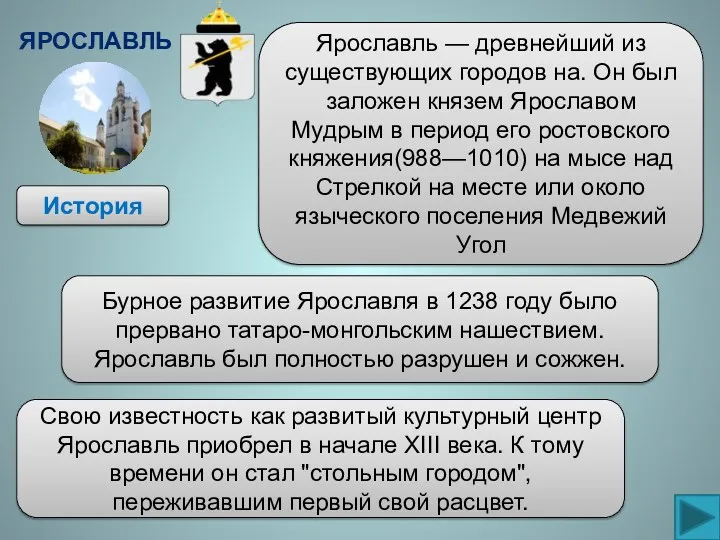 История Ярославль — древнейший из существующих городов на. Он был заложен князем Ярославом