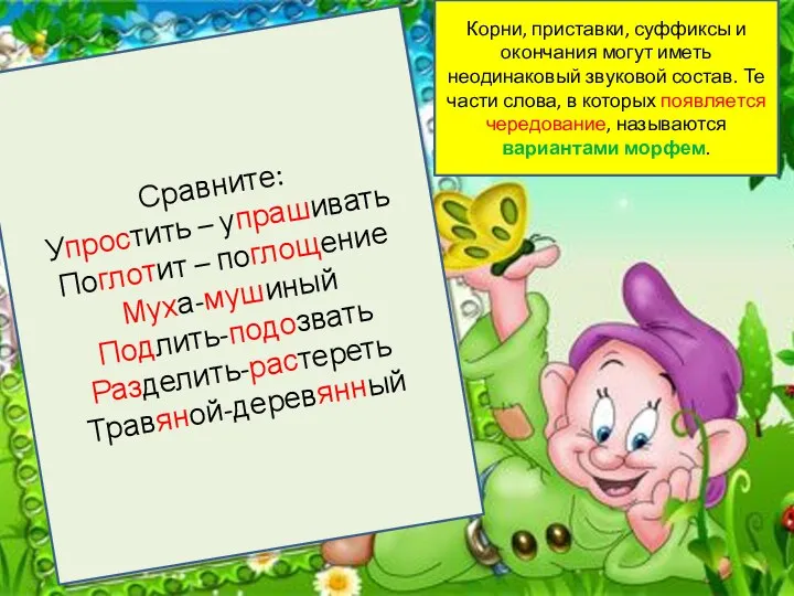 Варианты морфем Сравните: Упростить – упрашивать Поглотит – поглощение Муха-мушиный