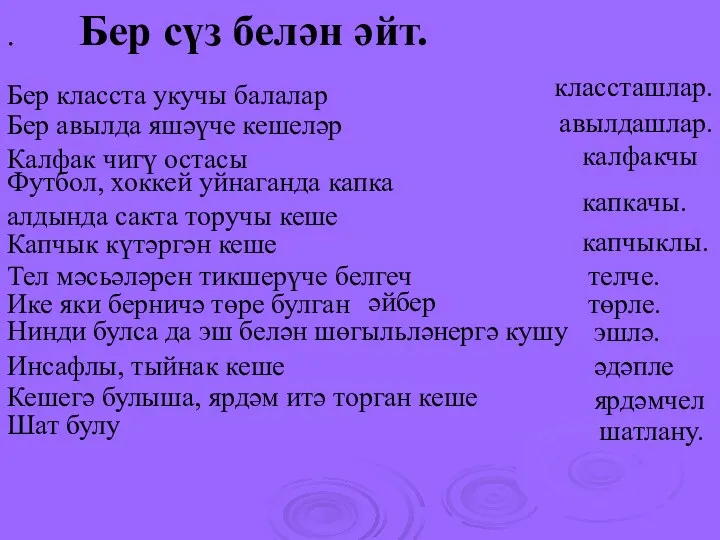 Бер класста укучы балалар Бер авылда яшәүче кешеләр Калфак чигү