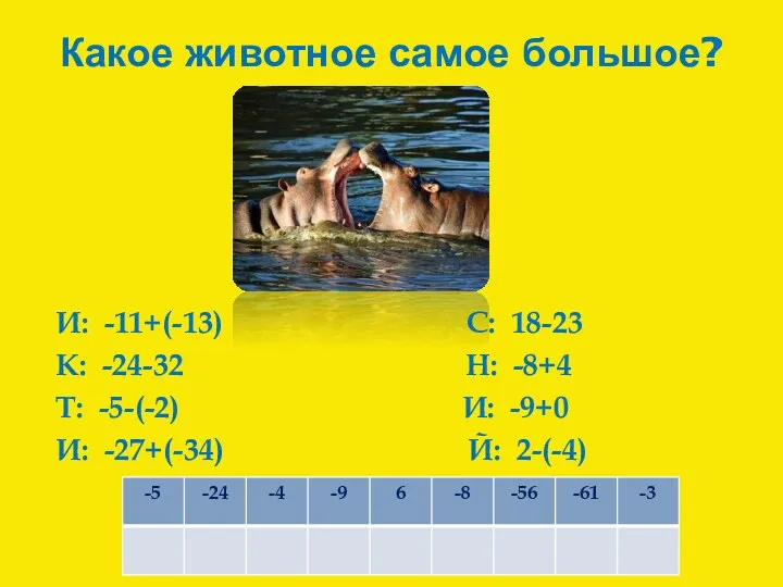 Какое животное самое большое? И: -11+(-13) С: 18-23 К: -24-32