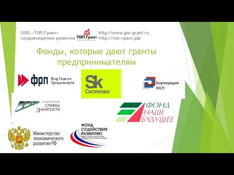 Фонды, которые дают гранты предпринимателям ООО «ТОП-Грант» http://www.gos-grant.ru сопровождение развития http://топ-грант.рф