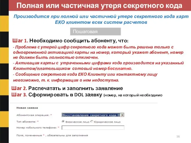 Активация ЕКО Полная или частичная утеря секретного кода ЕКО Шаг