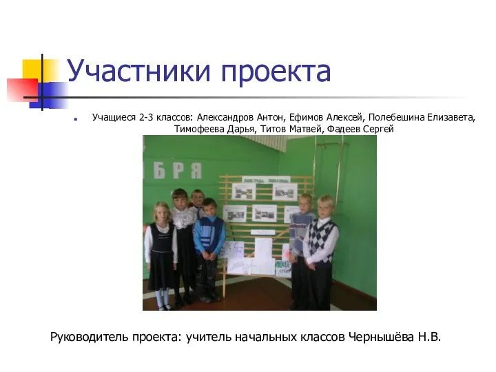 Участники проекта Учащиеся 2-3 классов: Александров Антон, Ефимов Алексей, Полебешина