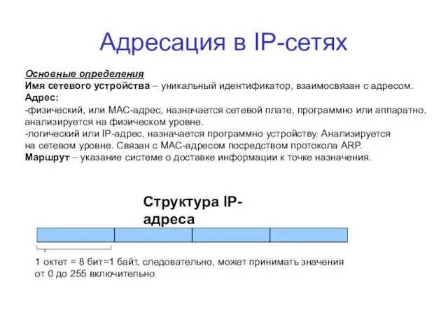 Адресация в IP-сетях Основные определения Имя сетевого устройства – уникальный