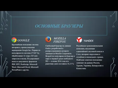 ОСНОВНЫЕ БРАУЗЕРЫ GOOGLE Крупнейшая поисковая система интернета, принадлежащая корпорации Google Inc. Первая по