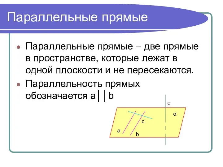 Параллельные прямые Параллельные прямые – две прямые в пространстве, которые