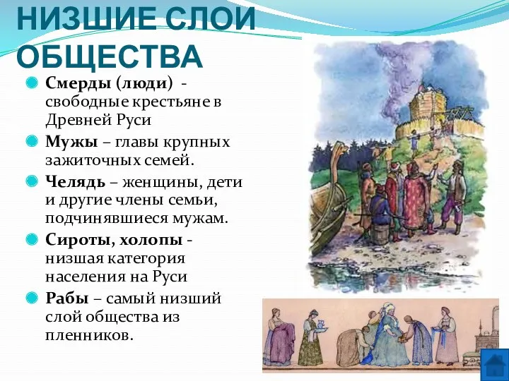 НИЗШИЕ СЛОИ ОБЩЕСТВА Смерды (люди) - свободные крестьяне в Древней Руси Мужы –