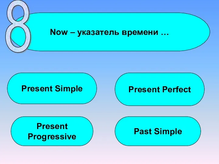 Now – указатель времени … Present Simple Present Progressive Present Perfect Past Simple 8