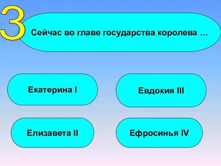 Сейчас во главе государства королева … Екатерина I Елизавета II Евдокия III Ефросинья IV 3