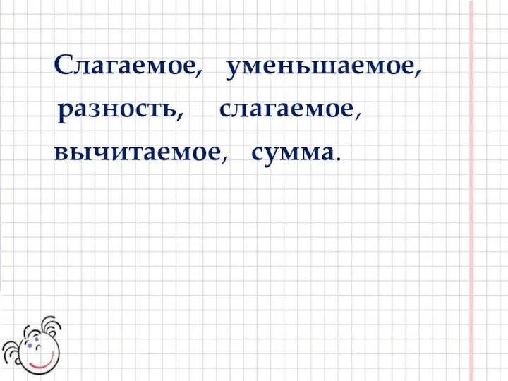 сумма. уменьшаемое, разность, вычитаемое, слагаемое, Слагаемое,