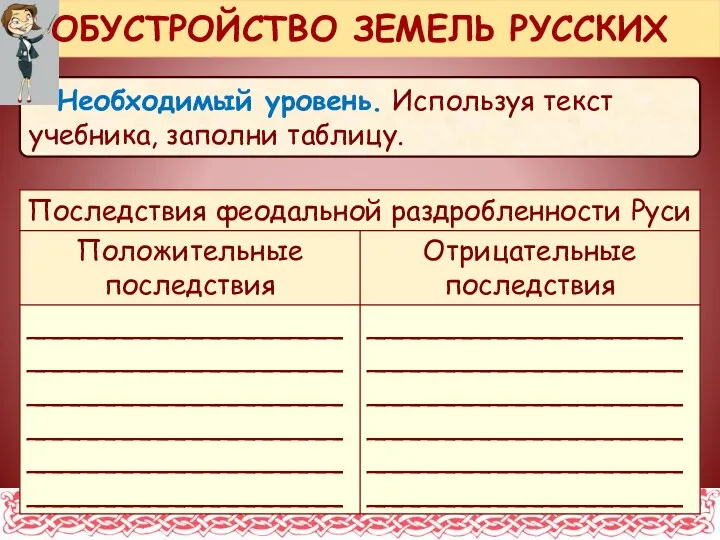 Необходимый уровень. Используя текст учебника, заполни таблицу. ОБУСТРОЙСТВО ЗЕМЕЛЬ РУССКИХ