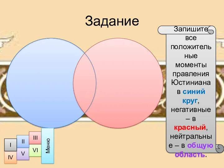 Задание Запишите все положительные моменты правления Юстиниана в синий круг,