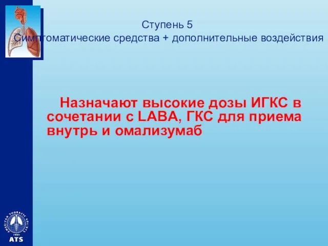 Ступень 5 Симптоматические средства + дополнительные воздействия Назначают высокие дозы