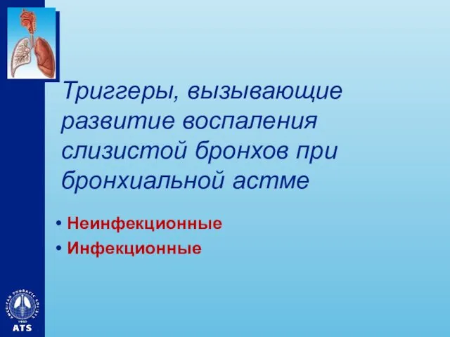 Триггеры, вызывающие развитие воспаления слизистой бронхов при бронхиальной астме Неинфекционные Инфекционные