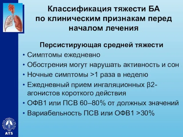 Классификация тяжести БА по клиническим признакам перед началом лечения Персистирующая