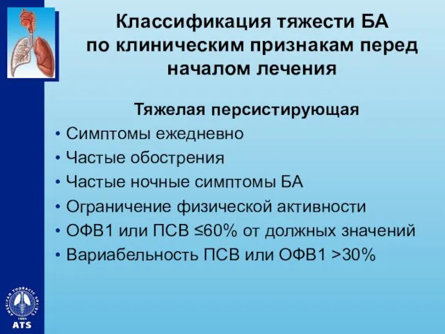 Классификация тяжести БА по клиническим признакам перед началом лечения Тяжелая