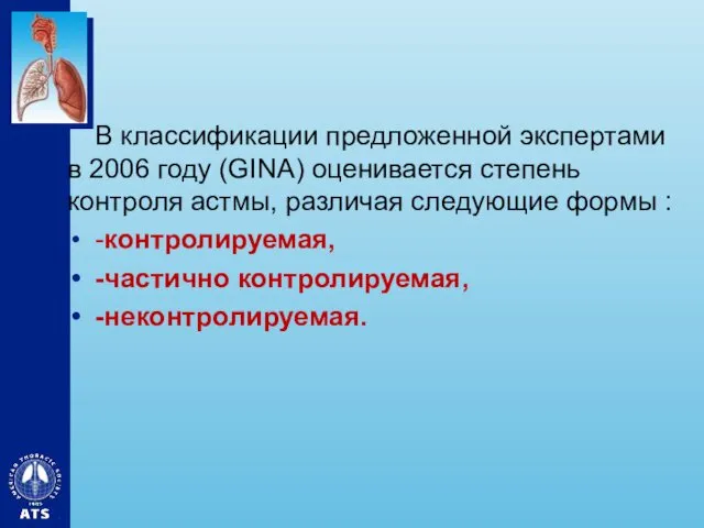 В классификации предложенной экспертами в 2006 году (GINA) оценивается степень