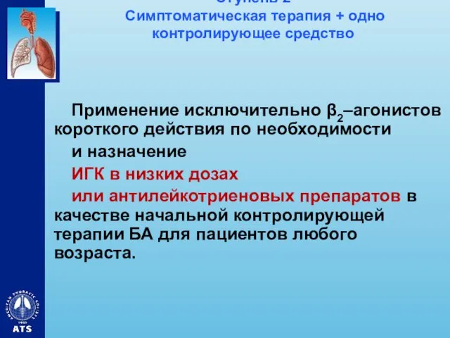 Ступень 2 Симптоматическая терапия + одно контролирующее средство Применение исключительно