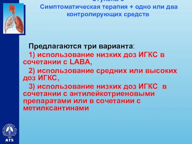 Ступень 3 Симптоматическая терапия + одно или два контролирующих средств