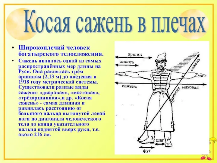 Широкоплечий человек богатырского телосложения. Сажень являлась одной из самых распространённых