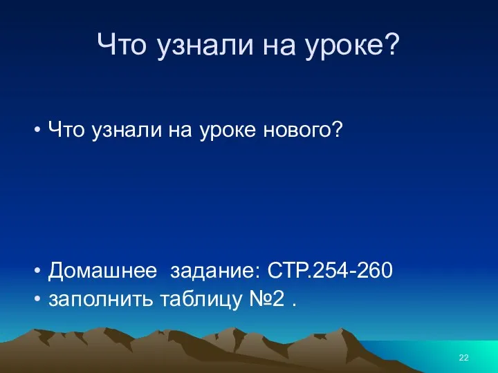 Что узнали на уроке? Что узнали на уроке нового? Домашнее задание: СТР.254-260 заполнить таблицу №2 .