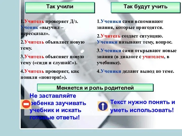 Не заставляйте ребенка заучивать учебник и искать готовые ответы! Текст