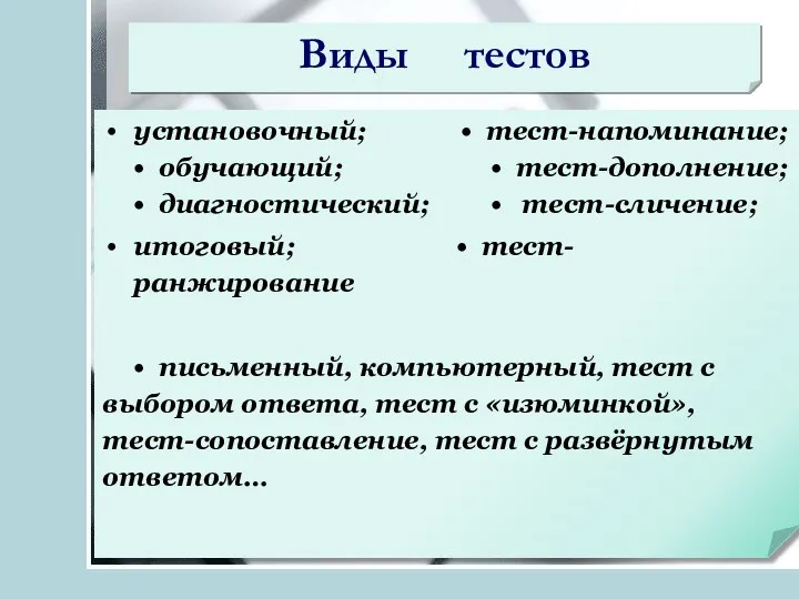 Виды тестов установочный;  тест-напоминание;  обучающий;  тест-дополнение; 