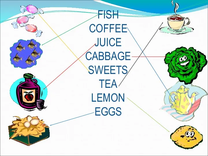 FISH COFFEE JUICE CABBAGE SWEETS TEA LEMON EGGS