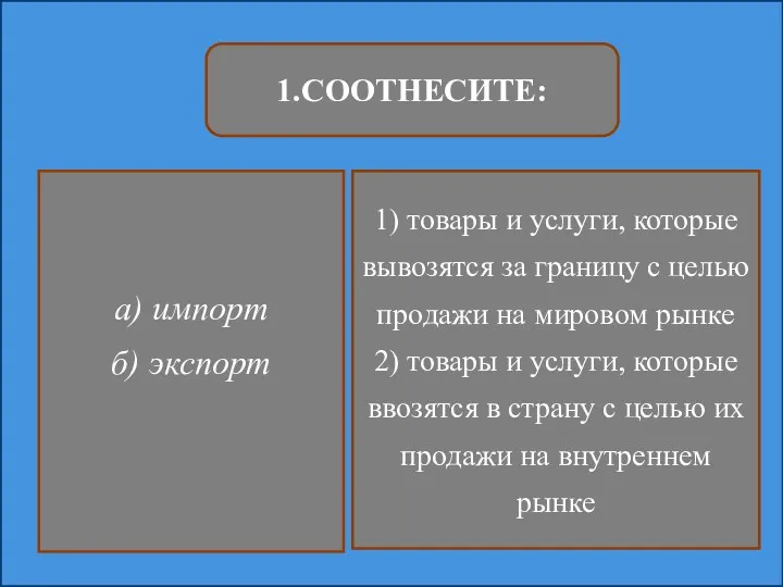 1.СООТНЕСИТЕ: а) импорт б) экспорт 1) товары и услуги, которые