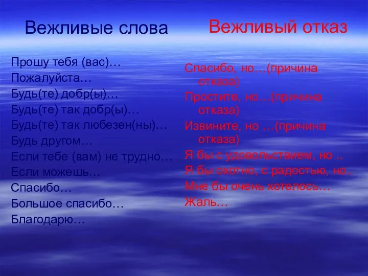 Вежливые слова Прошу тебя (вас)… Пожалуйста… Будь(те) добр(ы)… Будь(те) так