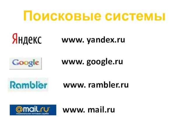 Поисковые системы www. yandex.ru www. google.ru www. rambler.ru www. mail.ru