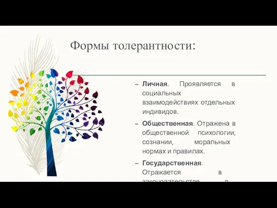 Формы толерантности: Личная. Проявляется в социальных взаимодействиях отдельных индивидов. Общественная.